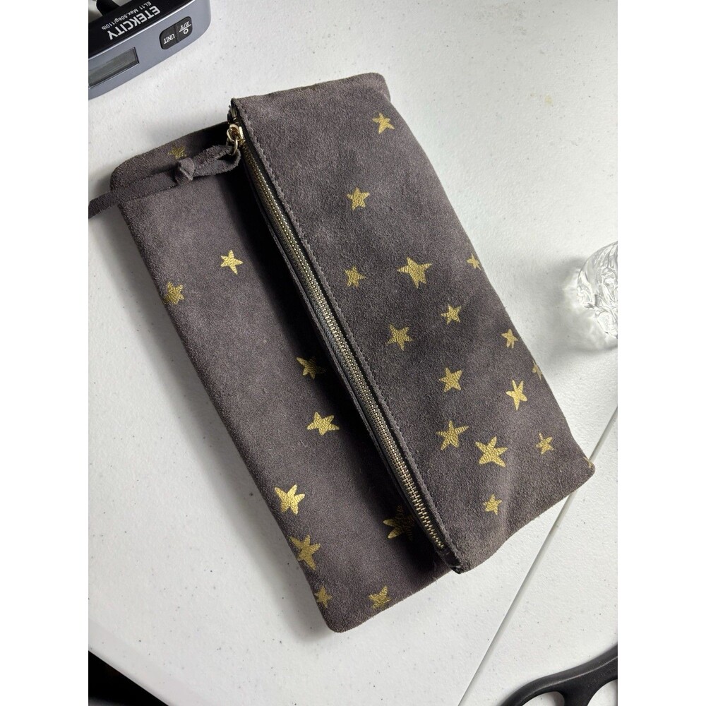 Moda Luxe Suede Leather Star Clutch Grey with Gold Hardware and Strap ( No Strap